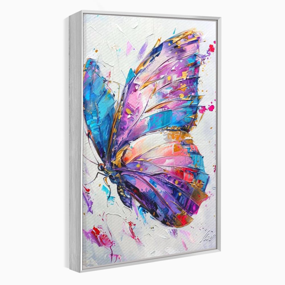 Tablou canvas cu tablou canvas cu fluture pictat in nuante de violet, in rama de aluminiu argintiu